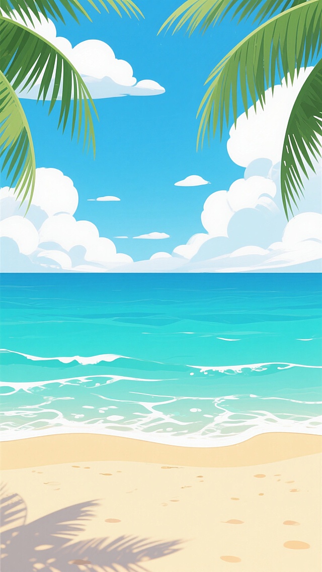 高饱和度热带海滩插画，明亮蓝绿色渐变海水与白色浪花，细腻质感浅黄色沙滩，上方两侧垂落的绿色棕榈叶，天空中散布蓬松白色云朵，阳光透过树叶在沙滩上投下斑驳阴影，整体呈现清新治愈的夏日氛围，采用扁平化数字艺术风格，线条简洁流畅，色彩明快纯净，画面构图开阔，展现海天一色的宁静景致。