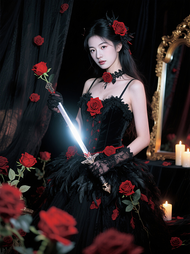 身着黑红玫瑰装饰哥特洛丽塔裙，裙装带有黑色羽毛和红色花朵元素，头发装饰红玫瑰；手持装饰红玫瑰的长剑，身处布满红黑玫瑰、黑色纱帘、金色雕花镜子、燃烧蜡烛的复古暗黑场景