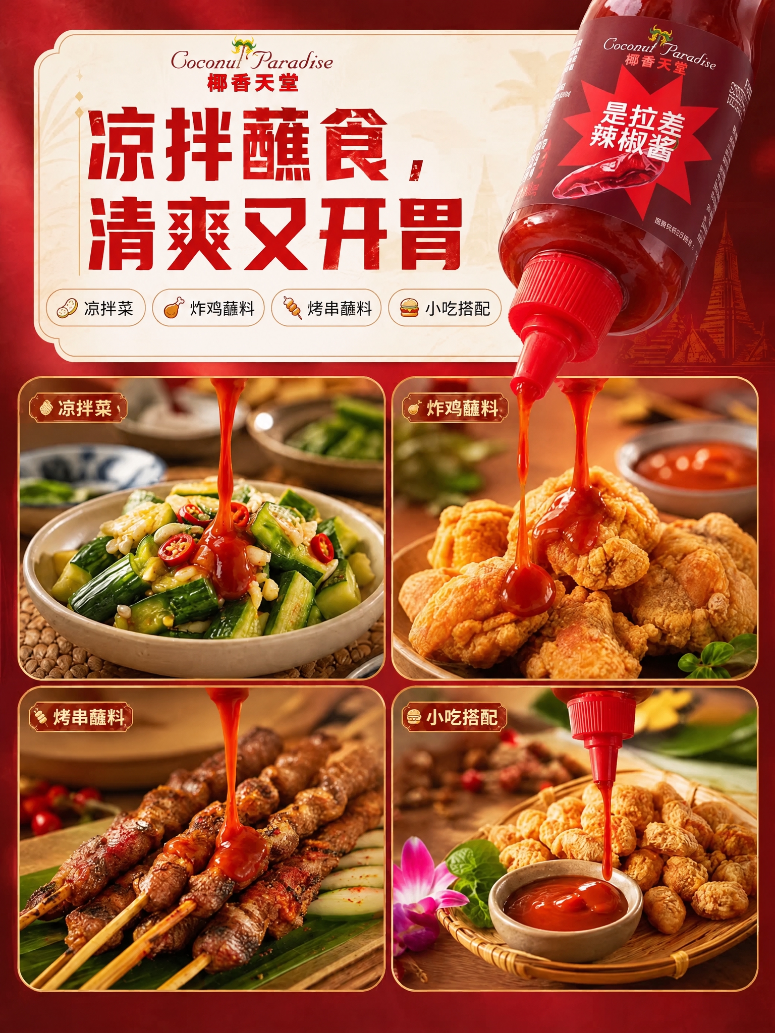 仅对这张电商详情图做局部修改，保持原有深红色背景、四宫格菜品照… - 图片创意预览