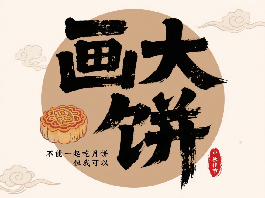 马克笔字体， 大字“画大 饼”，两行错排，文字左下角空余位置搭配手绘月饼元素和小字“不能一起吃月饼 但我可以”，中心浅棕色圆形色块，文字布局紧凑，背景浅米色，点缀少量祥云纹理，红色印章中秋佳节预览效果