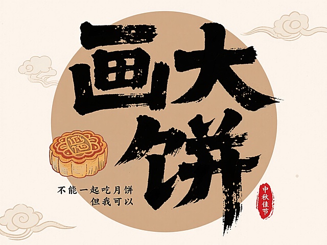 马克笔字体， 大字“画大 饼”，两行错排，文字左下角空余位置搭配手绘月饼元素和小字“不能一起吃月饼 但我可以”，中心浅棕色圆形色块，文字布局紧凑，背景浅米色，点缀少量祥云纹理，红色印章中秋佳节