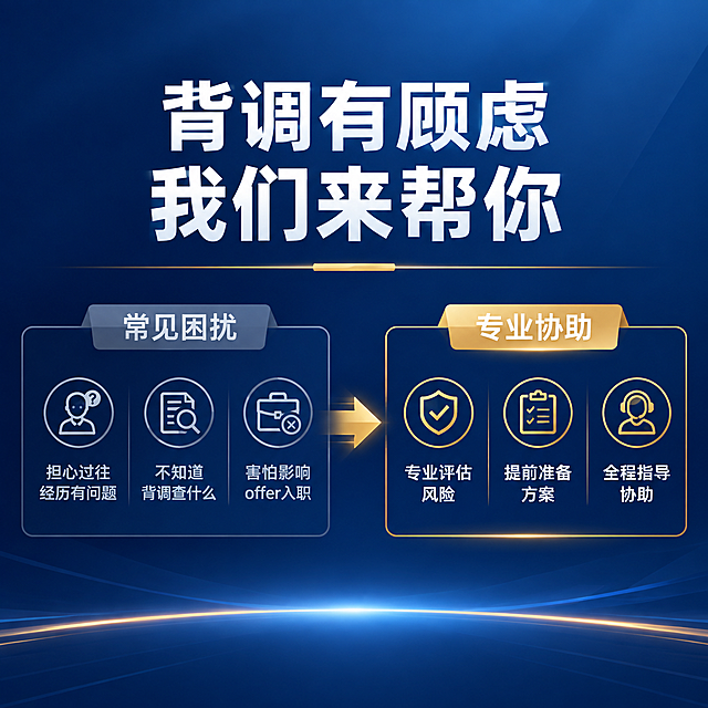 [主图-2] 痛点与目标场景，核心任务是还原求职者面对背调的焦虑场景，激发用户需求共鸣。
[统一基调] 整体风格为专业商务风，背景主色为深蓝色渐变，标题字色为白色粗体，辅助字色为浅金色和浅蓝色，强调色为金色。字体使用现代无衬线粗体，字号层级分明。卡片和图标使用细线描边加轻微金色渐变，整体简洁大气有品质感。
[画面] 画面采用左右分栏对比布局。左侧为痛点区域，用三个灰色图标加文字展示常见困扰：担心过往经历有问题 不知道背调查什么 害怕影响offer入职。右侧为解决方案区域，用三个金色图标加文字展示服务价值：专业评估风险 提前准备方案 全程指导协助。中间用一个箭头图标连接，象征从问题到解决的转变。背景为深蓝色，底部有轻微的光效提升氛围感。
[光影质感] 商业海报质感，光线均匀，图标有轻微浮起效果，金色图标有金属光泽，整体干净利落。
[配色] 背景深蓝色，左侧痛点文字浅灰色配灰色图标，右侧解决方案文字白色配金色图标，中间箭头金色，整体对比鲜明。
[文字版式] 顶部主标题：背调有顾虑 我们来帮你 白色粗体居中。左侧痛点标题：常见困扰 浅灰色小字，下方三个痛点条目横向排列，每个配一个简约线条图标。右侧解决方案标题：专业协助 白色小字，下方三个价值点横向排列，每个配一个金色线条图标。文字大小层级分明，信息清晰易读。
[输出要求] 比例1:1，文字清晰锐利，构图平衡。负向：变形 错字 模糊 杂乱 水印 平台Logo 绝对化用语