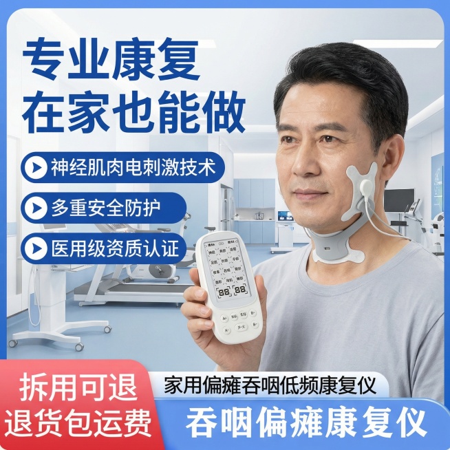 背景为现代化康复训练室，展示家用偏瘫吞咽低频康复仪，模特为中年男性，佩戴仪器，画面突出“神经肌肉电刺激技术”“多重安全防护”“医用级资质认证”卖点，添加文字“专业康复 在家也能做”“拆用可退 退货包运预览效果