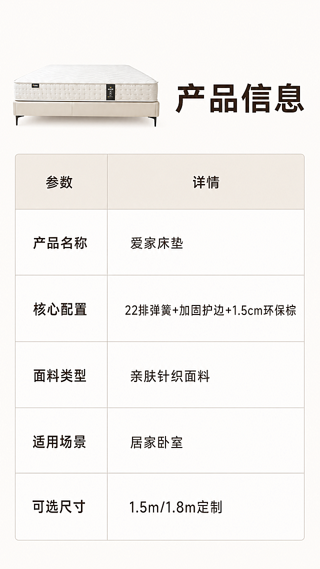 使用商品详情页技能根据商品图「图片1」生成详情页，参考图为，商品名称为爱家床垫，卖点为22排弹簧+护边 +1.5环保棕，适配平台为淘宝/天猫，图片比例为9:16，需求屏数为8张，