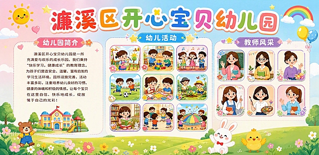 修改这张幼儿园宣传海报：1. 将顶部主标题文字改为"濂溪区开心宝贝幼儿园"，保持大字号圆润可爱字体；2. 去掉画面右下角的二维码占位符，该区域改为空白或融入背景装饰；3. 将左侧"幼儿园简介"板块的黄色文字区域高度加大，让简介文字区域更宽敞；4. 把简介区域下方的幼儿园房子和树木插画缩小一些，不要占太大空间。整体保持可爱活泼的马卡龙色系童趣风格，其他元素和布局基本不变。