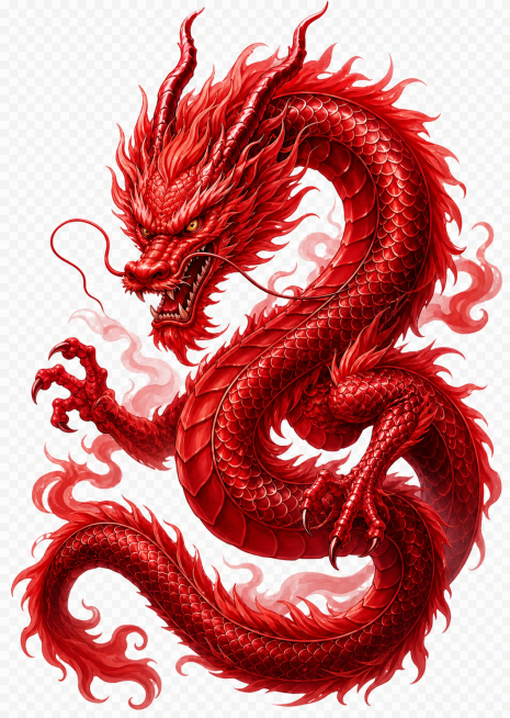将图片中的中国龙改成红色，保留原本的造型、姿态和插画质感，透明背景预览效果