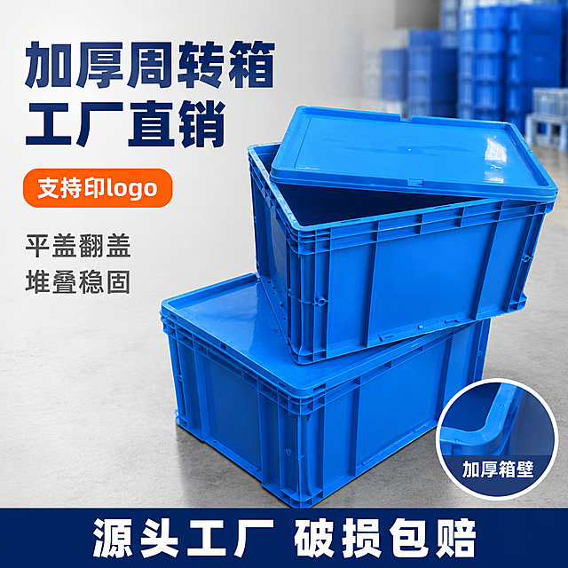 [单张主图] 蓝色塑料周转箱带盖物流收纳箱，爆款促销感主图，淘宝天猫1:1首图，文案精简有力，突出工厂直销与核心卖点。
[画面主体] 蓝色塑料周转箱（带盖）为绝对主体，盖子半开展示内部空间，产品位于画面中偏右位置，占画面约60%。保持蓝色塑料周转箱外观（物理结构、材质质感、颜色、加强筋纹路、箱体形状）与输入产品图完全一致，杜绝变形和色差。箱体前方叠放1个同款展示堆叠效果，后方远景虚化少量周转箱营造仓库氛围。
[构图版式] 采用「左文右品」简洁爆款版式：左侧30%区域放精简文案，右侧产品占60%，底部15%放短通栏信息条，整体留白充足不拥挤。
[场景元素] 背景为简洁干净的浅灰色工业风背景，带轻微仓库环境虚化，地面有产品自然投影；右下角放一个小型加厚材质圆形特写小图标，展示箱壁厚度。
[文案版式] 左上区域左对齐排版，文案极度精简：
主标题两行超大粗黑体深蓝色：第一行"加厚周转箱"，第二行"工厂直销"；
主标题下方1个橙色圆角标签，白字"支持印logo"；
标签下方2行短卖点，每行4个字，深灰色：
"平盖翻盖"
"堆叠稳固"
底部通栏信息条：深蓝色底白字"源头工厂 破损包赔"，居中排列。
所有文字数量少、字号大、留白多，不拥挤。
[光影质感] 左上方主光源，光线明亮柔和，箱体塑料高光清晰，阴影自然，商业摄影质感，产品锐利干净。
[配色字体] 主色深蓝色，辅助色亮橙色，背景浅灰；粗黑无衬线字体，主标题最大，卖点文字清晰，对比强烈。
[比例分辨率] 1:1正方形比例，2K超高清，文字清晰锐利。
[负向提示词] 变形，文字错乱，文字过多，背景杂乱，水印，电商平台Logo，箱体变形，颜色偏差，多余的手。