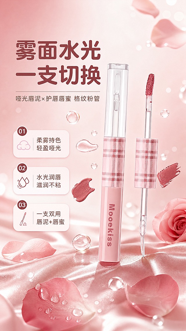 [商品] 使用【图1】Mooekiss 双头唇泥唇蜜：保留粉色格纹管身、浅粉色膏体容器、透明盖、格纹盖手柄、透明刷杆与沾有玫瑰豆沙色唇泥的斜面刷头、双头结构；保留管身品牌印刷文字原样；去除得物水印、二维码、平台角标与底部标语。
[画面] 产品海报型头图：双头产品竖置于画面中央偏右，约占画面60%，刷头端拔出呈半打开状态；背景为柔雾豆沙粉至奶白渐变，加入玫瑰花瓣、丝绒绸缎、透明水光气泡三层道具，前景花瓣与水珠、中景产品、后景柔焦光斑；产品周围漂浮少量柔雾唇泥膏体与水光唇蜜液滴。
[视觉] 套系策略：风格=甜酷复古美妆杂志风；标题字=圆润现代无衬线粗体；正文字=简洁无衬线体；主色=柔雾豆沙粉；背景延展=柔雾粉至奶白渐变与细腻丝绒、水光质感；强调色=玫瑰豆沙红，仅用于小面积图标、引线和标签；标题色=深豆沙红；正文色=暖灰褐；组件=圆角浅粉信息卡、格纹细边、细线引线、圆形编号胶囊；光影=柔和漫射光+局部柔光与水光高光。
[文字] 主标题'一支双用 雾面水光随意切'（不超过10字主标题改为'雾面水光 一支切换'）、副标题'哑光唇泥×护唇唇蜜 格纹粉管'，底部3个卖点胶囊：柔雾持色、水光润唇、一支双用；所有文字横排，不遮挡产品。
[规格] 9:16竖版，4K分辨率；避免产品变形、错字、文字过小、竖排或旋转文字、冷蓝/冷灰背景、得物水印残留、二维码、平台Logo、包装文字错乱。