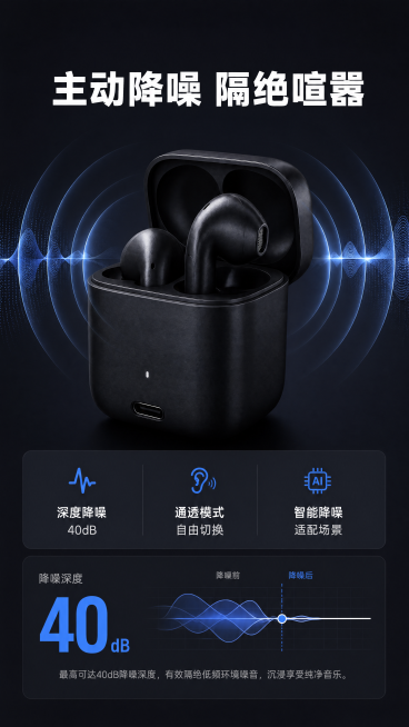 [第3屏] 核心降噪技术解析，蓝牙耳机主动降噪功能展示。本屏功能定义：解析蓝牙耳机主动降噪技术原理，展示降噪带来的体验提升。[氛围/风格] 科技专业解析风，延续深灰科技底色，硬核技术展示风格，清晰通透预览效果
