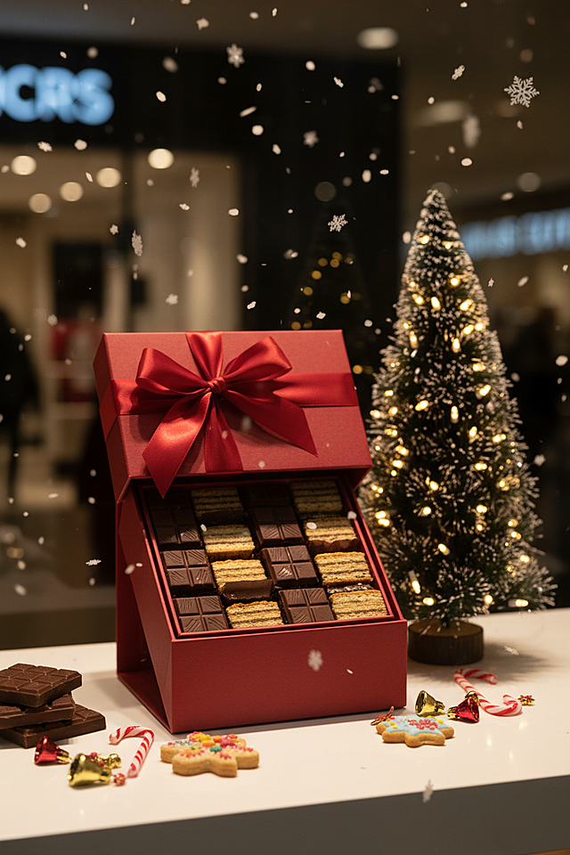 写实风格。主视觉是精美零食礼盒（含曲奇 + 巧克力，有蝴蝶结装饰），竖立放在商场圣诞橱柜内。背景是挂彩灯的迷你圣诞树，飘雪花，前景有微型糖果摆件围礼盒。