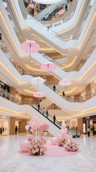 现代轻奢风格的商场中庭，挑高空间设计，多层环绕式商铺布局，白色大理石地面搭配浅棕色木纹装饰墙面，柔和的暖黄色嵌入式灯带勾勒出流畅的建筑线条，多部白色弧形自动扶梯连接各楼层，中庭悬挂着粉色与白色相间的伞状艺术装置，地面摆放着大型粉色花卉与气球组合装饰，顶部采用镜面反射设计增强空间感，整体呈现明亮、时尚、优雅的购物氛围，不同品牌店铺的玻璃幕墙橱窗有序排列，少量顾客在楼层间流动，灯光营造出温馨而富有……预览效果
