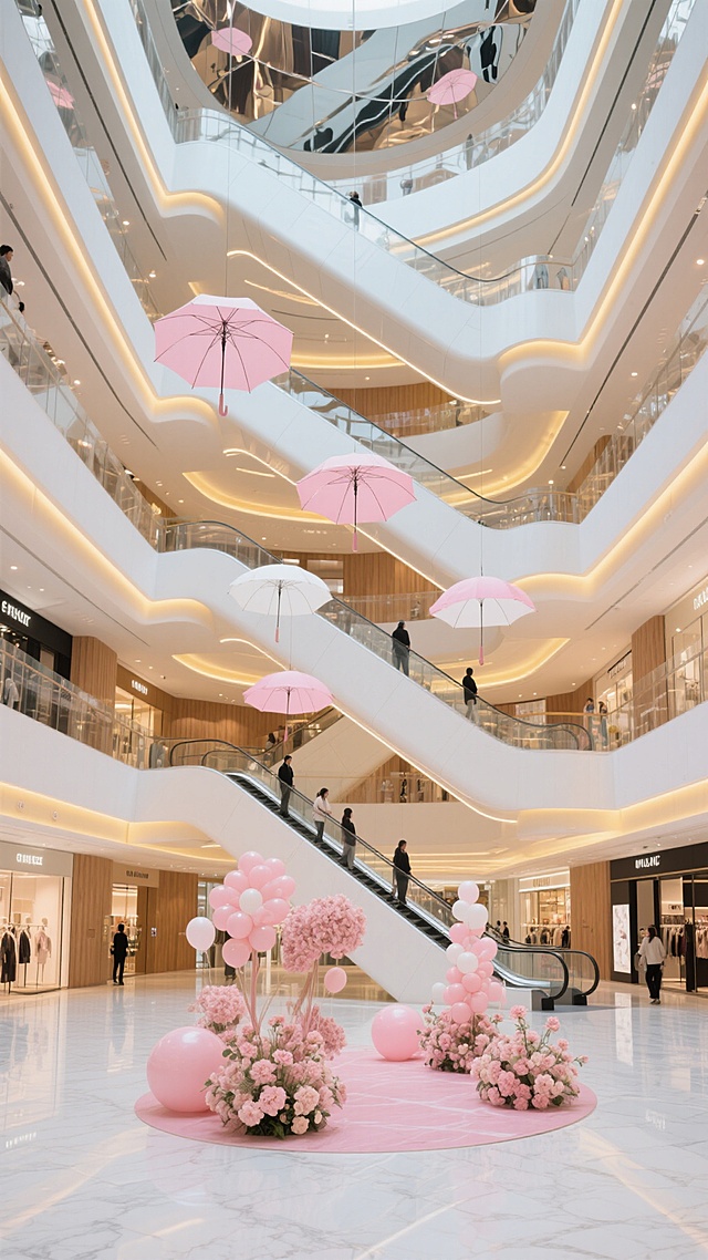 现代轻奢风格的商场中庭，挑高空间设计，多层环绕式商铺布局，白色大理石地面搭配浅棕色木纹装饰墙面，柔和的暖黄色嵌入式灯带勾勒出流畅的建筑线条，多部白色弧形自动扶梯连接各楼层，中庭悬挂着粉色与白色相间的伞状艺术装置，地面摆放着大型粉色花卉与气球组合装饰，顶部采用镜面反射设计增强空间感，整体呈现明亮、时尚、优雅的购物氛围，不同品牌店铺的玻璃幕墙橱窗有序排列，少量顾客在楼层间流动，灯光营造出温馨而富有层次感的光影效果。