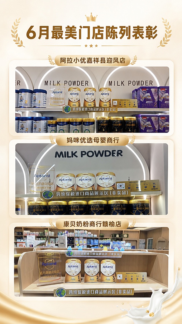 高级简约商务风格表彰海报，主标题为"6月最美门店陈列表彰"，画面分为三个区块，每个区块顶部放置门店名称：第一块顶部文字"阿拉小优嘉祥县迎风店"，下方放入图1门店陈列图片；第二块顶部文字"妈咪优选母婴商行"，下方放入图2门店陈列图片；第三块顶部文字"康贝奶粉商行赣榆店"，下方放入图3门店陈列图片。不要添加排名序号，所有文字清晰可读，保证每张图片完整展示，整体版式精美简洁，采用柔和明亮的配色，保持母婴行业温暖专业的风格，商品陈列内容保持原图片完整信息不变，画面四边保留安全边距。