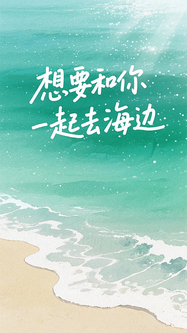 绿色渐变的海面背景，带细碎白点模拟阳光波光，中间配手写体（想要和你一起去海边），左下角有米黄沙滩和不规则白色水彩浪花，清新治愈，浪漫夏日氛围