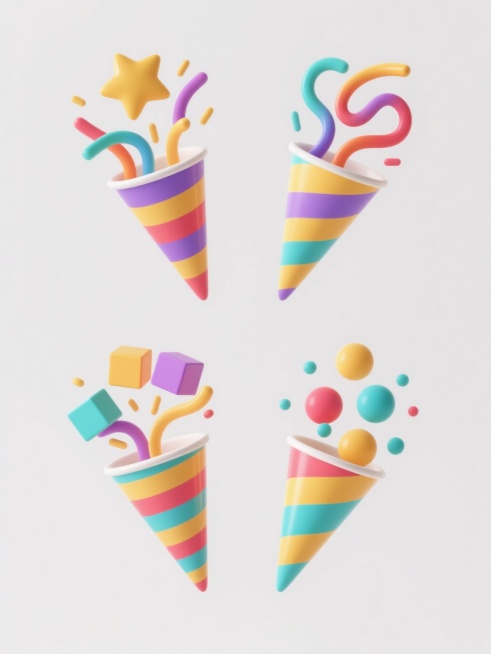 4个不同造型的彩色条纹锥形杯从杯中分别泼洒出不同形态的卷曲彩带、星星、几何方块和圆点的系列素材集合，所有元素保持3D立体风格，圆润光滑的表面，明亮饱和的色彩，柔和的光影效果，白色纯色背景，规整排布，无任何文字和logo。预览效果