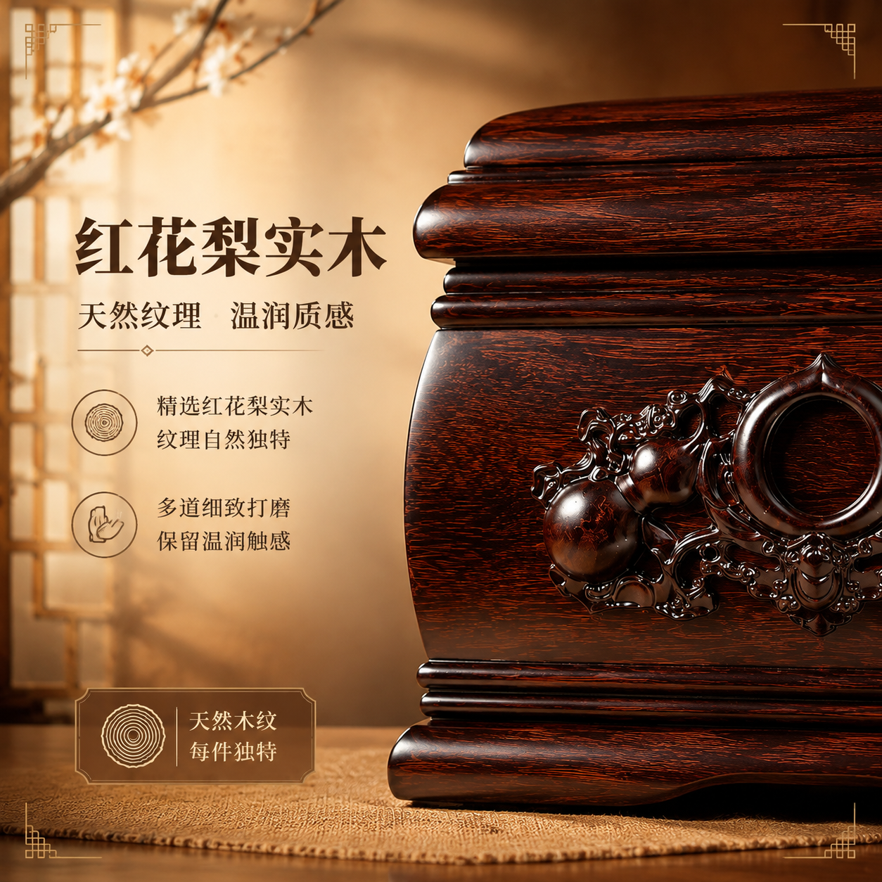 [主图-2] 红花梨实木材质展示：突出天然木纹与温润质感，体现… - 图片创意预览