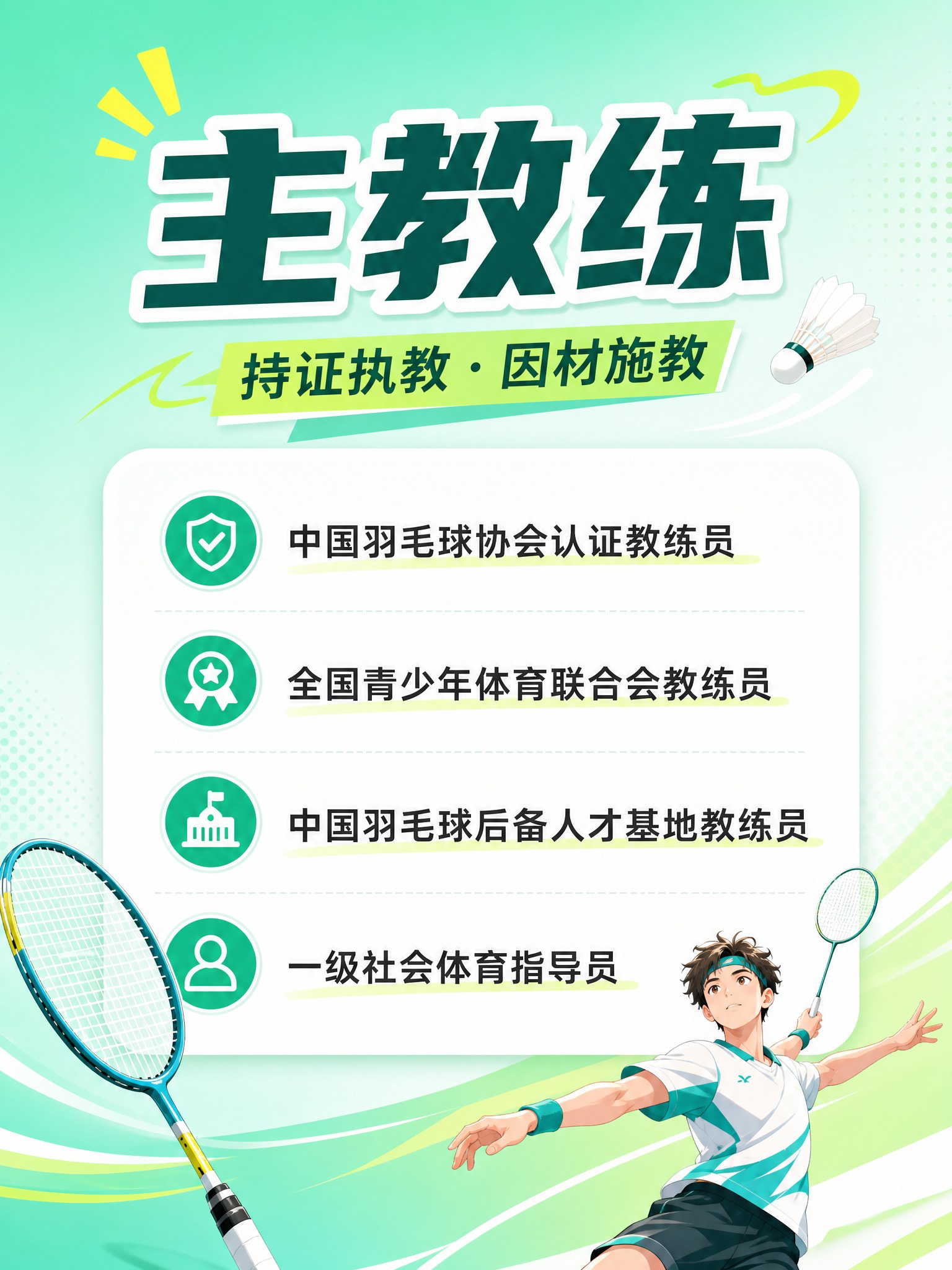 竖版小红书教练介绍卡片图，3:4比例。青春潮流风格，薄荷绿到白… - 图片创意预览