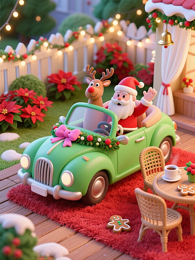 一辆绿色复古敞篷轿车（车上坐着开着车拟人的带着红蝴蝶结的驯鹿和挥手的圣诞老人），车身装饰圣诞花环与粉色蝴蝶结。地面为木质露台地板（铺红色毛绒地毯），背景为摆满圣诞红、一品红的花园围栏（缠绕暖灯），搭配藤编桌椅（摆热可可杯与姜饼人）、白色纱帘与悬挂的圣诞铃铛。清新温馨圣诞风格，治愈柔和氛围，画面色调以绿、红、粉、米白为主。