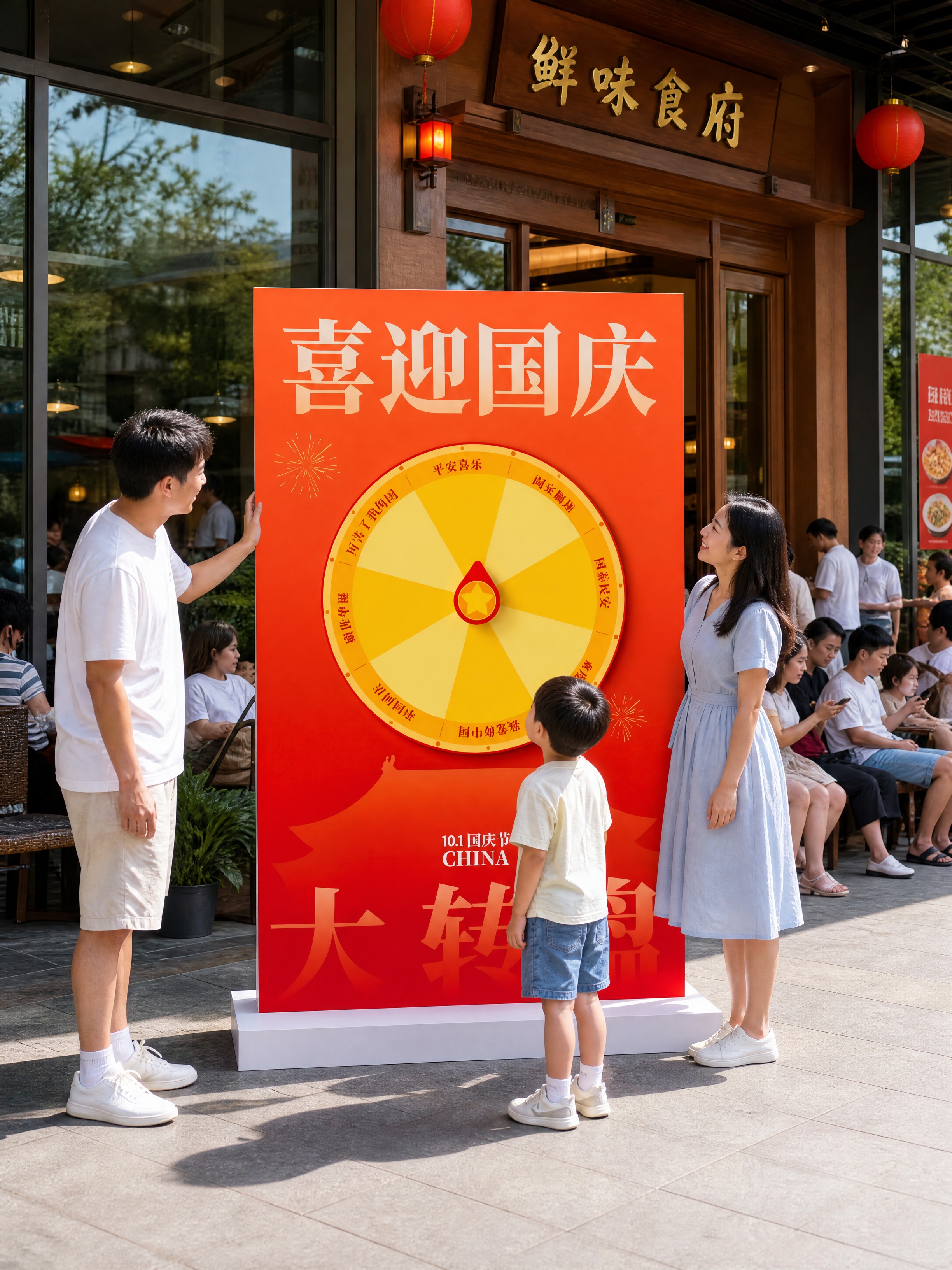 超写实商业场景摄影。 主体：国庆大转盘立牌严格参照上传产品图，… - 图片创意预览