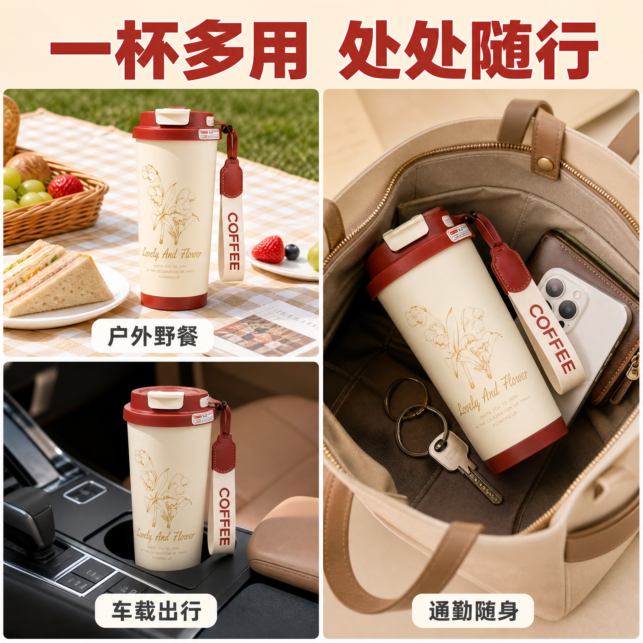 [主图-6] 多场景适用+便携出行 持续使用价值，展示保温杯在… - 图片创意预览
