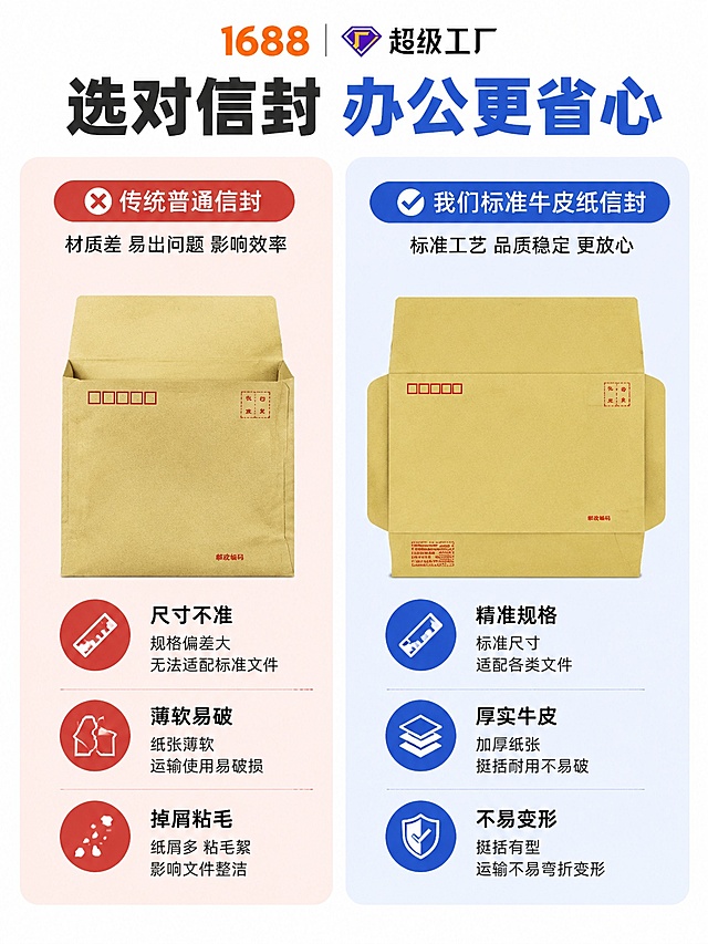 [第2屏] 痛点对比页-劣质信封问题与优质牛皮纸信封对比。本屏使用【图1】提取信封产品特征。
[氛围/风格] 清晰对比版式，专业直观商务风，干净利落设计质感。
[元素布局] 页面左右分栏对比，左栏标注传统普通信封痛点，右栏展示我们标准牛皮纸信封优势；左右分别放置信封产品展示，各占比约45%，不超出栏位边界。
[光影质感] 均匀柔光照亮左右两栏，产品和文字均清晰呈现，阴影柔和不突兀。
[配色色系] 全局底色 #FFFFFF；左栏浅红背景突出痛点，右栏浅蓝背景突出优势；牛皮纸信封本黄色保留。
[视角构图] 左右分栏对比构图，阅读动线从左到右对比差异，对比清晰直观。
[文字版式] 顶栏大标题「选对信封 办公更省心」，左右分栏各设小标题，每个痛点/优势配3个核心短句说明，文字大小适配手机阅读，不遮挡信封主体。左栏痛点：尺寸不准、薄软易破、掉屑粘毛；右栏优势：精准规格、厚实牛皮、不易变形。
[比例分辨率] 3:4 竖版比例，4K分辨率，文字清晰可辨，高清画质，图片大小不超过5M。
[负向提示词] 信封变形，尺寸错乱，文字模糊，对比混乱，颜色脏污。