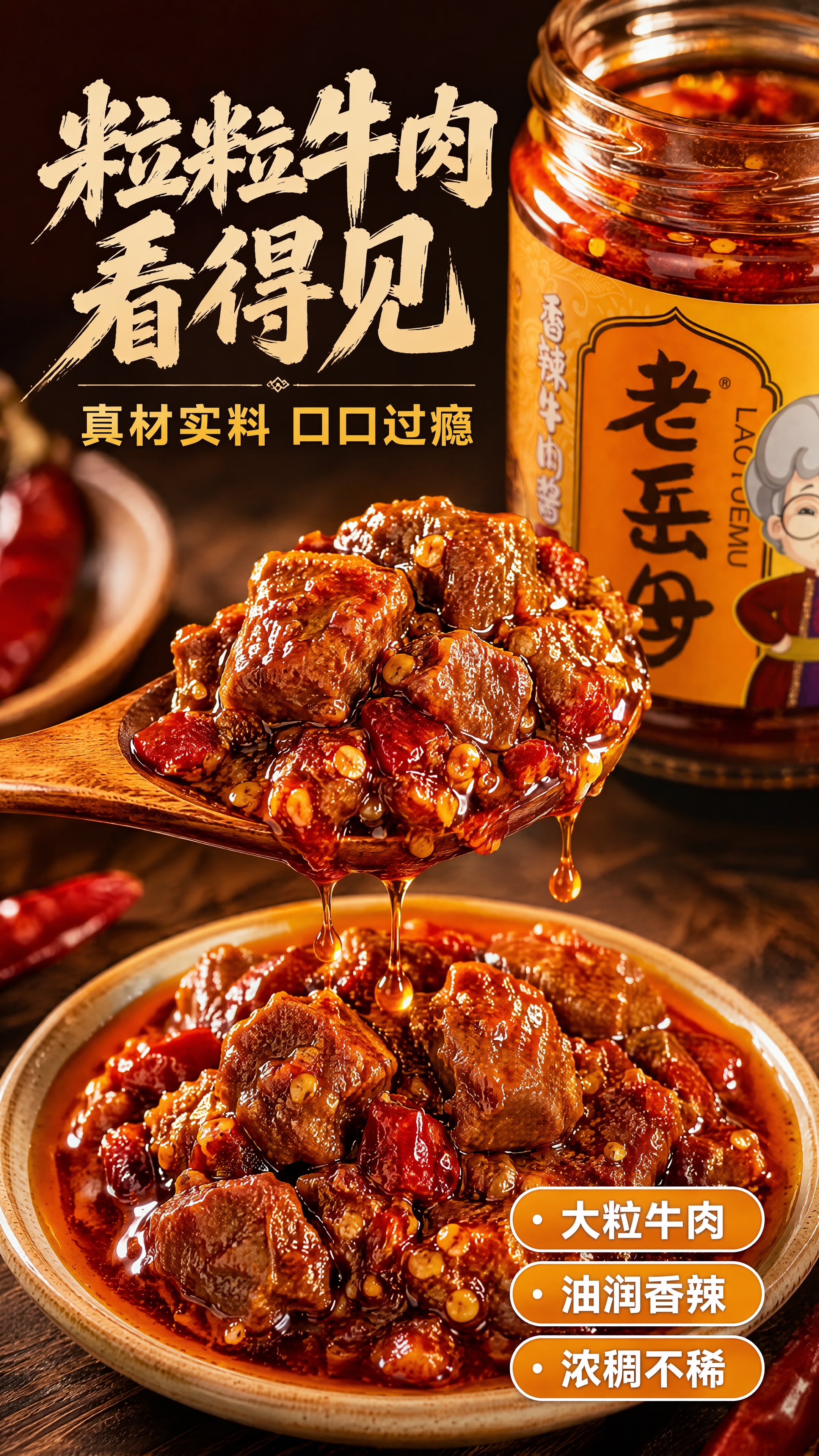 [第4张] 详情页口感质地特写-酱体大粒牛肉微距+舀酱动作。本… - 图片创意预览