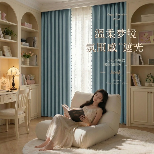 不改变窗帘的面料材质，切换不同的家装场景（最好是少女风奶油风），要求是窗户外面是白天，在昏暗的室内，展示窗帘的遮光效果很好，改变角度，保留文字，一次生成3张；（遮光度）预览效果