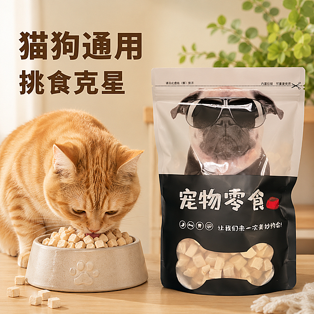 「图片1」「图片1」，生成一套主图（2张），商品名称是宠物鸡肉冻干，温馨ins风浅原木色桌面场景，鸡肉冻干零食包装袋放在画面右侧，左侧宠物碗里装满冻干鸡肉粒，一只软萌橘猫低头舔食，背景点缀浅绿仿真绿植，光线柔和明亮，整体氛围温暖治愈，写实风格，突出“猫狗通用 挑食克星”的场景感，画面干净舒适适配淘宝/天猫平台，主图比例为1:1