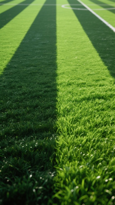 写实风格的足球场草坪特写，由明暗交替的深绿色与鲜绿色宽条纹组成，草丝纹理细腻清晰，呈现出自然修剪后的整齐质感，整体色彩饱和且过渡和谐，画面充满生机与运动场地的专业氛围，构图为铺满整个画面的垂直条纹布局，光影均匀柔和，突出草坪的平整与茂密。预览效果