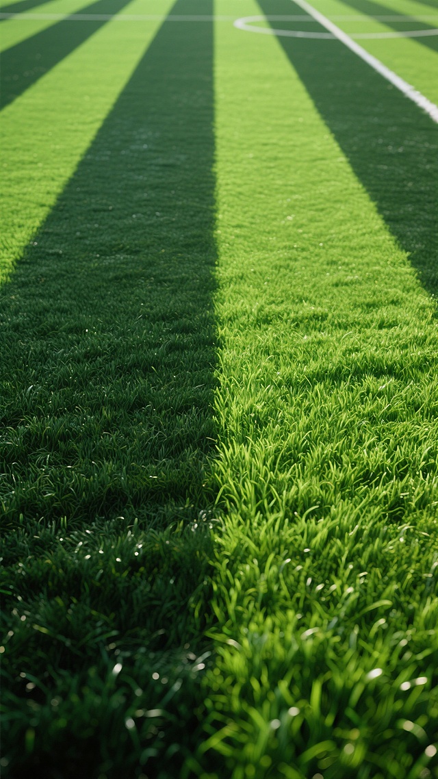 写实风格的足球场草坪特写，由明暗交替的深绿色与鲜绿色宽条纹组成，草丝纹理细腻清晰，呈现出自然修剪后的整齐质感，整体色彩饱和且过渡和谐，画面充满生机与运动场地的专业氛围，构图为铺满整个画面的垂直条纹布局，光影均匀柔和，突出草坪的平整与茂密。