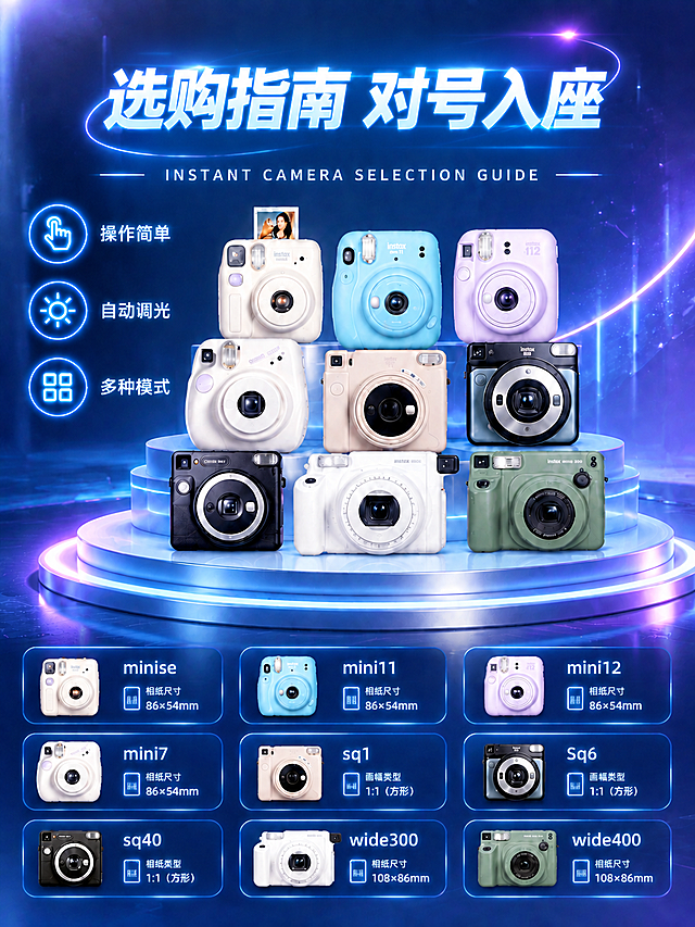 [商品] 使用【图1】9款拍立得相机矩阵（minise白、mini11蓝、mini12紫、mini7白、sq1米白、Sq6黑银、sq40黑、wide300白、wide400军绿）；保留每款相机的结构、颜色、材质、Logo、机身文字和镜头造型，三层阶梯排列方式、产品位置、底部9款型号规格卡片及所有内容完全不变。
[画面] 页面目标为修改标题文字，其余所有元素保持不变；构图、产品位置、底部卡片、左侧三个卖点图标及文字、背景、展台、光影效果均与原图完全一致，仅替换顶部标题文字内容。
[视觉] 套系策略：风格=现代感科技商业摄影风；标题字=粗黑体科技感大字带冰蓝色发光描边（与原标题字体样式、大小、发光效果完全一致）；正文字=简洁无衬线体；主色=深蓝紫渐变；背景延展=基于深蓝紫做深浅层级、径向渐变和细腻磨砂质感，配合蓝紫色霓虹光带和粒子效果；强调色=冰蓝色发光线条；标题色=白色带冰蓝发光；正文色=浅灰白色；组件=圆角半透明玻璃质感信息卡、细线发光引线、圆形发光图标；光影=顶部柔光+底部展台冷色发光，产品轮廓带轻微蓝光边。
[文字] 顶部主标题改为「选购指南 对号入座」，字体样式、大小、颜色、发光效果、位置与原标题完全一致；保留副标题英文「INSTANT CAMERA SELECTION GUIDE」；左侧3个卖点（操作简单、自动调光、多种模式）及底部9款型号规格卡片的所有文字内容完全不变；所有文字均为横向排版。
[规格] 图片比例3:4竖版，4K分辨率，负向提示：避免产品位置改变、排版变化、底部卡片内容修改、卖点文字修改、产品变形、颜色改变、竖排文字、斜排文字、白底、杂乱背景。
