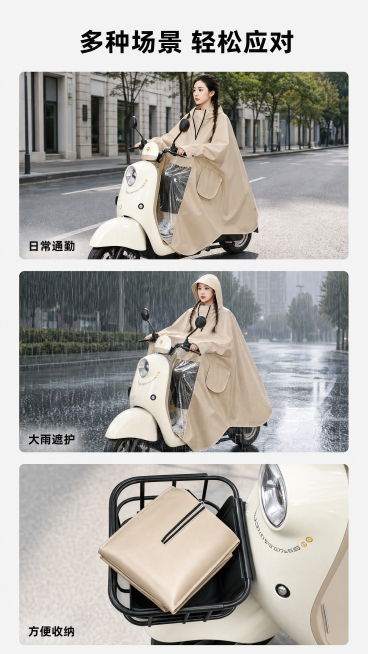 [第6屏] 多场景使用拼图，电动车雨衣拉链领口款。本屏使用【图1】作为产品主体参考。
[氛围/风格] 多场景展示，真实自然，丰富产品使用场景，实用电商风格。
[元素布局] 顶部主标题区域，下方分成三个预览效果