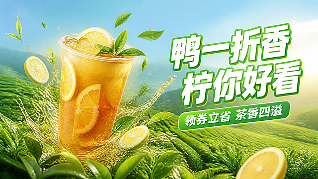 16:9横版饮品促销海报，画面主体是一杯奈雪的茶鸭屎香柠檬茶，绿色茶园背景，茶叶和柠檬片碰撞飞溅，清新茶香，大字标题"鸭一折香 柠你好看"，字体白色带绿色描边立体效果，副标题"领券立省 茶香四溢"，排版右对齐，整体清新茶园风格，无任何logo，无优惠券条形码二维码，美团风格产品海报，高质量商业摄影感