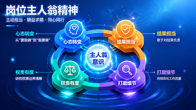 参考图的科技感商务信息图风格，深蓝色渐变背景，发光粒子光效，3D立体模块设计。将主题改为"岗位主人翁精神"，副标题为"主动担当·精益求精·同心同行"。中心核心改为"主人翁意识"发光球体。四个环形模块分别为：左上蓝色模块配心态转变图标，文字"心态转变"，说明文字"从'要我做'到'我要做'"；右上橙色模块配担当盾牌图标，文字"结果担当"，说明文字"敢于对结果负责"；右下紫色模块配放大镜细节图标，文字"打磨细节"，说明文字"持续优化工作质量"；左下青色模块配天平权责图标，文字"权责有度"，说明文字"讲究权责边界清晰"。整体保持原图的环形连接结构、光效粒子和科技感商务风格，16:9横版，所有文字必须清晰准确，无错别字、无扭曲变形，字体工整易读