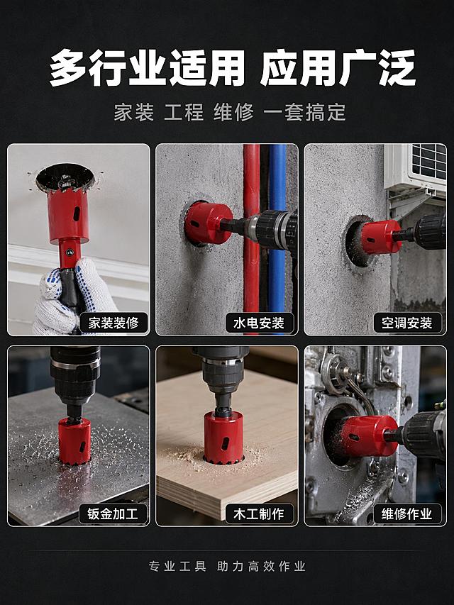 [第10屏] 详情页适用范围-家装工程维修多行业应用场景页。本屏使用【图5】【图7】作为各行业场景产品主体。
[氛围/风格] 多行业应用展示风，场景丰富有说服力，专业五金高级感，商业场景摄影质感。
[元素布局] 画面采用上标题下三行场景的结构。展示6个应用场景分2行3列排列：1. 家装装修（吊顶灯孔开孔场景）；2. 水电安装（水管线管开孔场景）；3. 空调安装（空调孔开孔场景）；4. 钣金加工（金属板材开孔场景）；5. 木工制作（家具木板开孔场景）；6. 维修作业（设备维修开孔场景）。每个场景小图中都有红色双金属开孔器在使用中。背景为深灰工业风。**保持每个场景中开孔器红色外观与输入产品图一致，使用状态真实合理，杜绝变形**。
[光影质感] 每个场景独立布光，整体色调统一偏冷工业风；主光突出场景主体和开孔动作，光线自然真实有代入感。
[配色色系] 全局底色 #1A1A1A 深灰黑；主色产品红+场景本色；辅色白色标签；文字白色。
[视角构图] 上下构图，上部标题区，下部2x3宫格场景图，每格均等分；阅读动线从上到下，从左到右逐格浏览。
[文字版式] 顶部主标题「多行业适用 应用广泛」白色超大粗黑体，副标题「家装 工程 维修 一套搞定」灰色中号。6宫格每格右下角有白色标签：「家装装修」「水电安装」「空调安装」「钣金加工」「木工制作」「维修作业」，黑底白字圆角小标签。底部通栏「专业工具 助力高效作业」灰色小字。
[比例分辨率] 3:4竖版比例，2K分辨率，文字清晰可辨，高清画质。
[负向提示词] 变形，水印，文字错乱，文字过小，缺件错件，结构错误，颜色偏差，产品图模糊，背景杂乱，电商平台Logo，手部畸形。