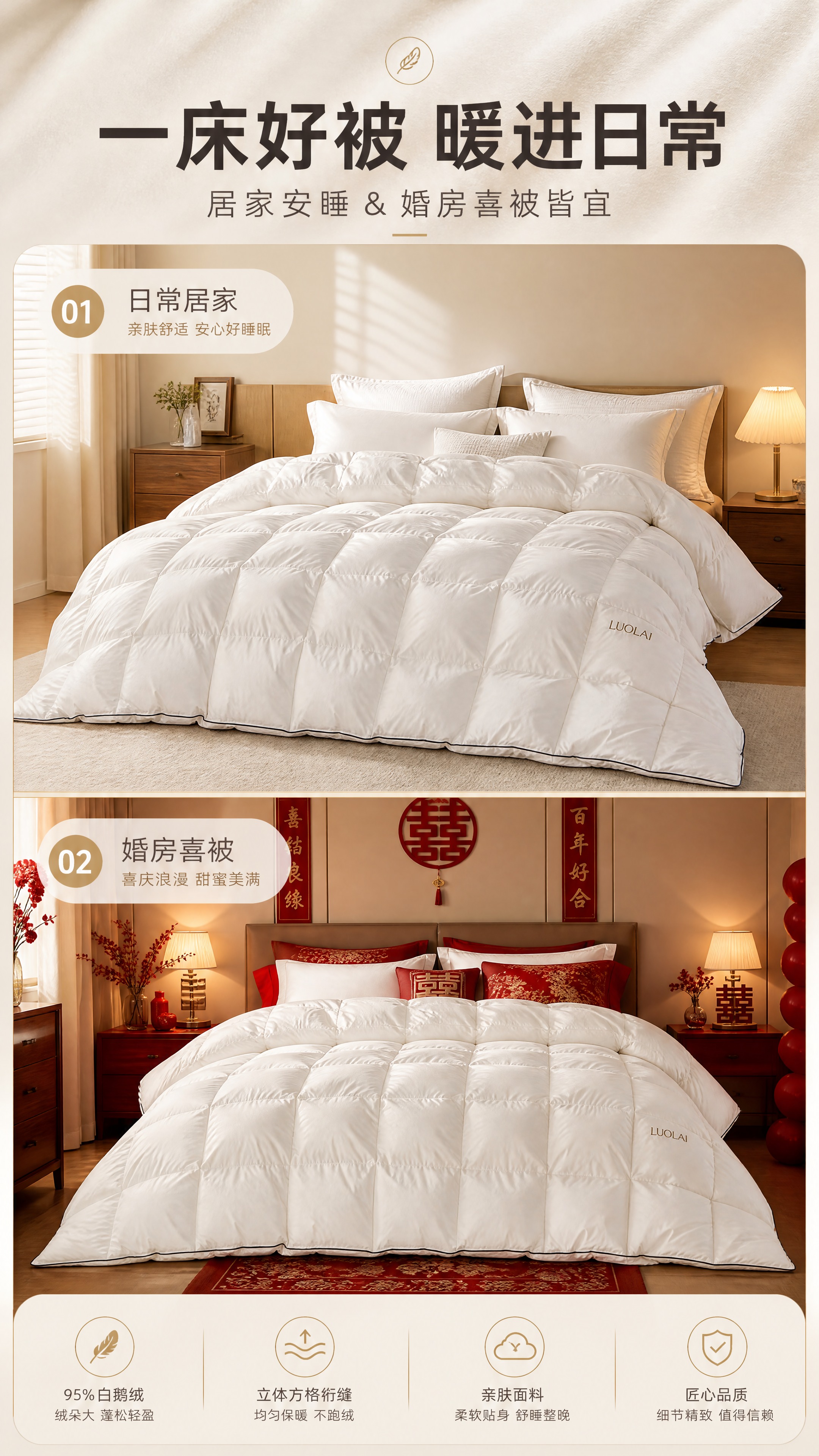 [商品] 使用【图1】罗莱家纺白色95%白鹅绒被：保留纯白被面… - 图片创意预览