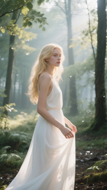 一位金发碧眼的欧美模特，精致的五官，光滑细腻的肌肤，妆容自然通透，高光立体感强，她侧身站立在清晨的森林中，双手轻轻提起飘逸的白色长裙裙摆，阳光透过树叶缝隙洒在她的侧脸和发丝上，形成明暗交错的光影效果，背景是郁郁葱葱的树木和散落的晨露，整体画面呈现出高清写实的质感，光影层次丰富，色彩柔和清新，营造出一种宁静优雅而又充满生机的氛围。预览效果