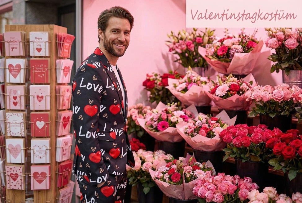 温暖型德国男士逛在情人节市集的花摊旁，身着Valentinstagkostüm，套装的爱心元素与摊位的手工饰品呼应；背景是粉色花束+纸质贺卡，色调柔粉温馨。文字（画面右上角角落，浅粉手写斜体字）：Va预览效果