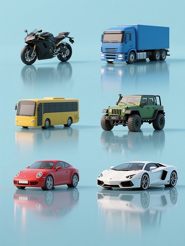 6个不同机动车的3D渲染集合，包含黑色摩托车、红色小汽车、蓝色大货车、黄色公交车、绿色越野车、白色跑车，每个车辆保持光滑的工业设计感和精准的机械细节，均采用纯色背景（每个车辆对应不同主色调），物体下方有清晰的倒影效果，光线来自左上方形成柔和高光和阴影，整体呈现出高度写实的3D建模风格，画面规整排布成两行三列，保持一致的视角和专业产品渲染的视觉质感。
