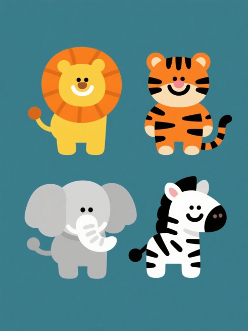 一套四个卡通动物角色的系列插画，每个角色独立在纯色背景上，保持统一的扁平化矢量风格，圆润的线条，简洁的造型，无明显纹理和渐变，色彩鲜明且充满童趣。第一个是黄色身体、橙色鬃毛的微笑狮子，第二个是橙色身体、黑色条纹的微笑老虎，第三个是灰色身体、白色象牙的微笑大象，第四个是白色身体、黑色条纹的微笑斑马。四个角色规整地排列在同一画面中，形成一个和谐的系列素材集合。预览效果