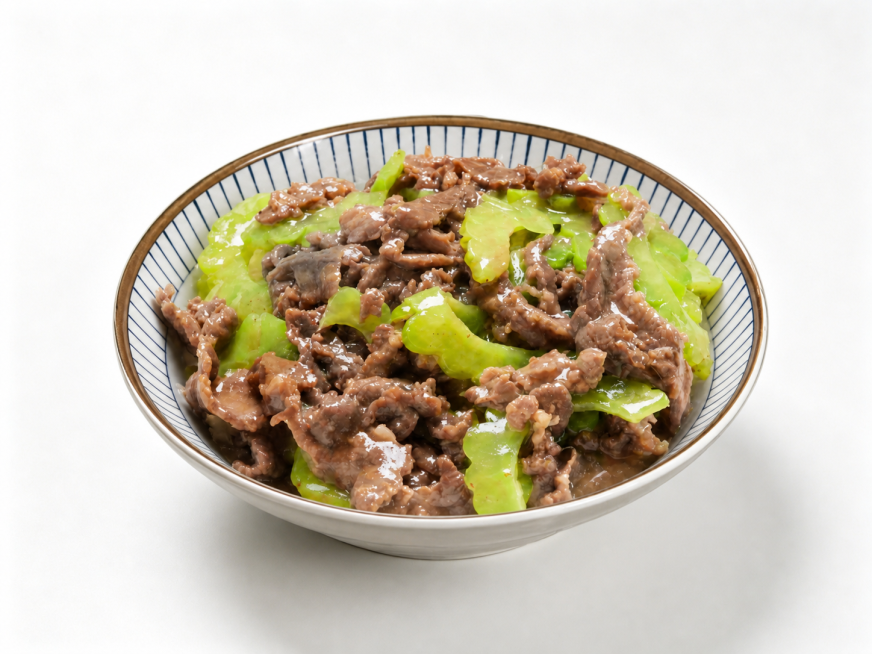 把图一中的苦瓜炒牛肉食材放到图二的蓝色线条金边陶瓷碗中，保持食材原来的样子不变，替换容器，菜品真实自然预览效果