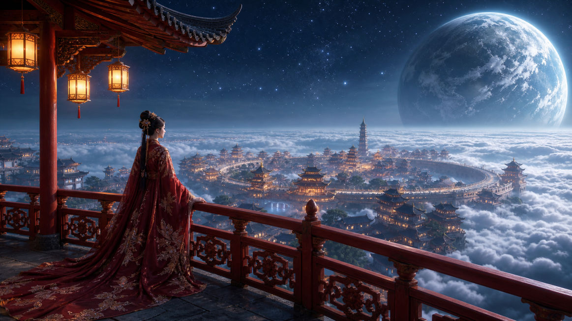 16:9宽幅高空俯瞰视角，前景红漆回廊与凭栏红衣女子，环形云海仙城铺展中景，巨型行星与繁星夜空铺满远景；侧身古风女子，发髻精致，身着酒红色重工刺绣广袖拖地古风长袍，长摆铺在廊台石板，单手轻扶雕花朱红护预览效果