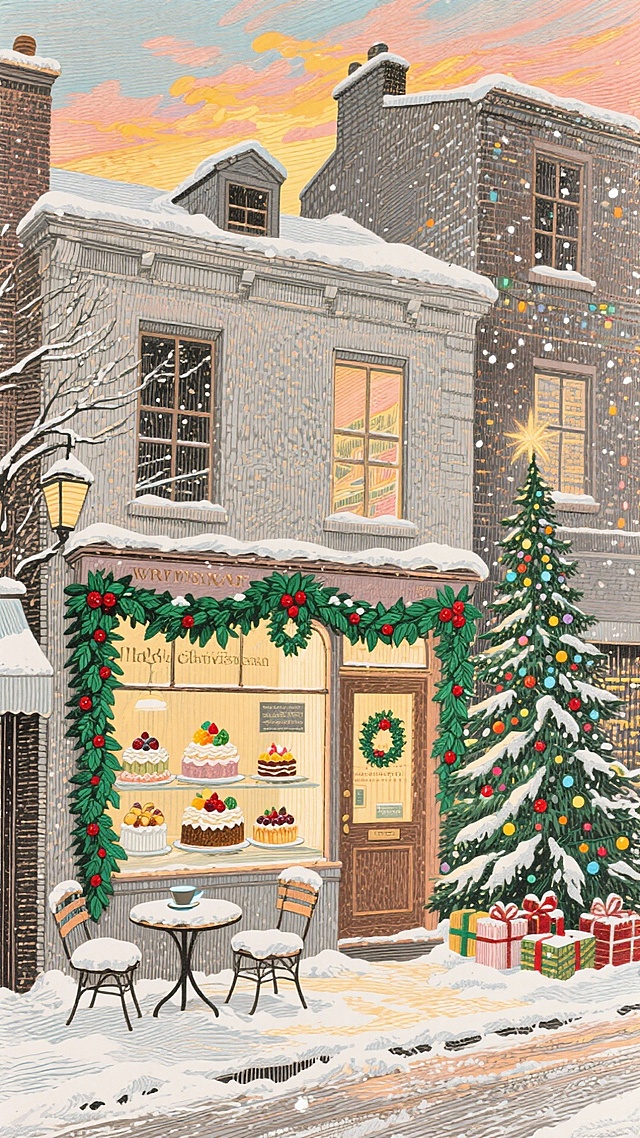 插画风厚涂手绘，暖色调雪夜街景，重拟物蛋糕橱窗与彩灯圣诞树交织，营造温馨喜庆梦幻的节日氛围。