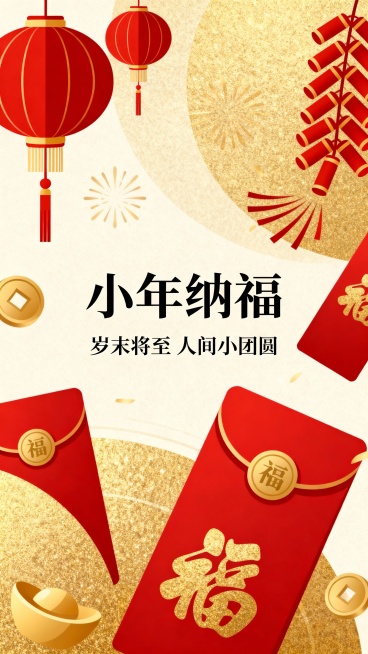 创意扁平风新中式小年海报，配色要符合新年的氛围感，要有新年元素，有创意感，大师作品，海报整体要有高级感，文案排版要有设计感，画面要丰富，预览效果
