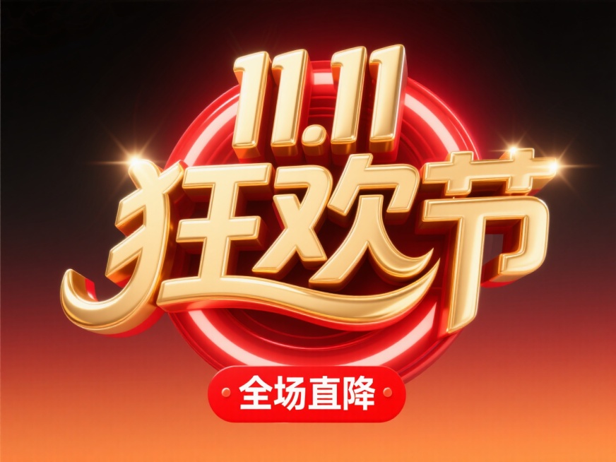 金色 “11.11 狂欢节” 立体艺术字，搭配红色环形光效装饰，下方有 “全场直降” 红色标签。背景为红橙渐变，整体风格大气炫酷，突出双十一促销的热烈与冲击力。预览效果
