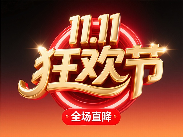 鎏金3D大字风设计，金属质感立体字搭配红色光晕背景，营造喜庆热烈的双十一狂欢节氛围，突出促销感与视觉冲击力。
