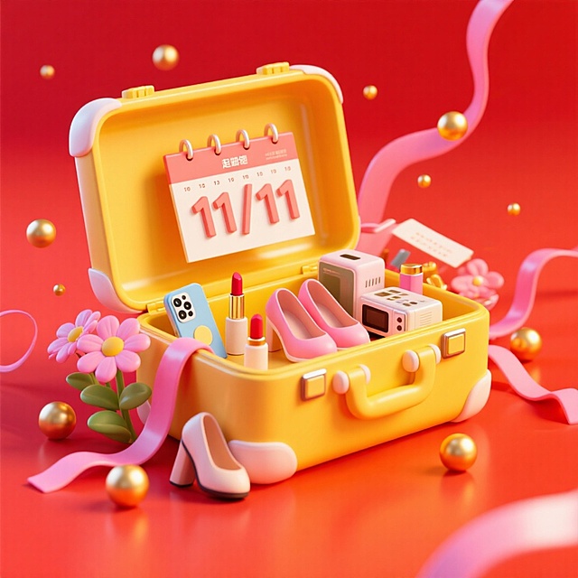 一个打开的亮黄色大手提箱，箱内有一个醒目的“11/11” 日历牌，日历牌旁许多商品（鞋子、口红、手机、家电等），周围环绕粉色丝带、金色小球、花朵等元素装饰，背景为亮红色，超强的促销感。