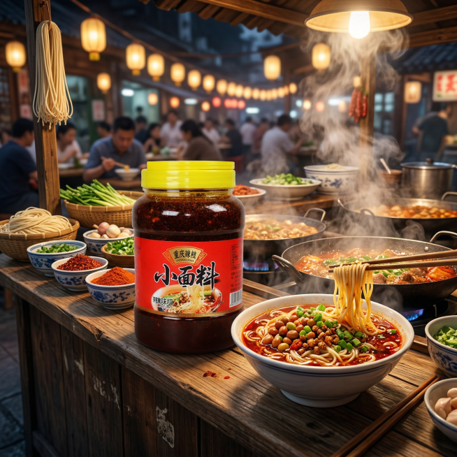 保留图中的重庆小面调味料产品，将背景替换为热气腾腾的重庆小面美食场景，营造美食诱惑的氛围，不要添加任何文字，风格为写实商业宣传海报预览效果