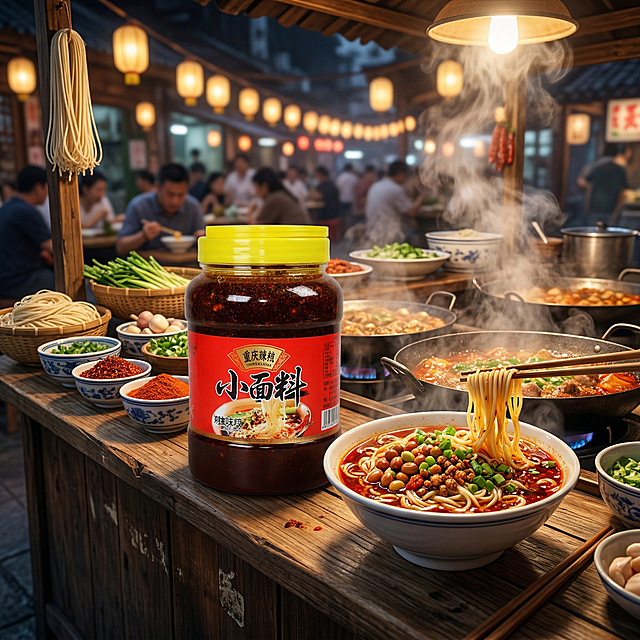保留图中的重庆小面调味料产品，将背景替换为热气腾腾的重庆小面美食场景，营造美食诱惑的氛围，不要添加任何文字，风格为写实商业宣传海报