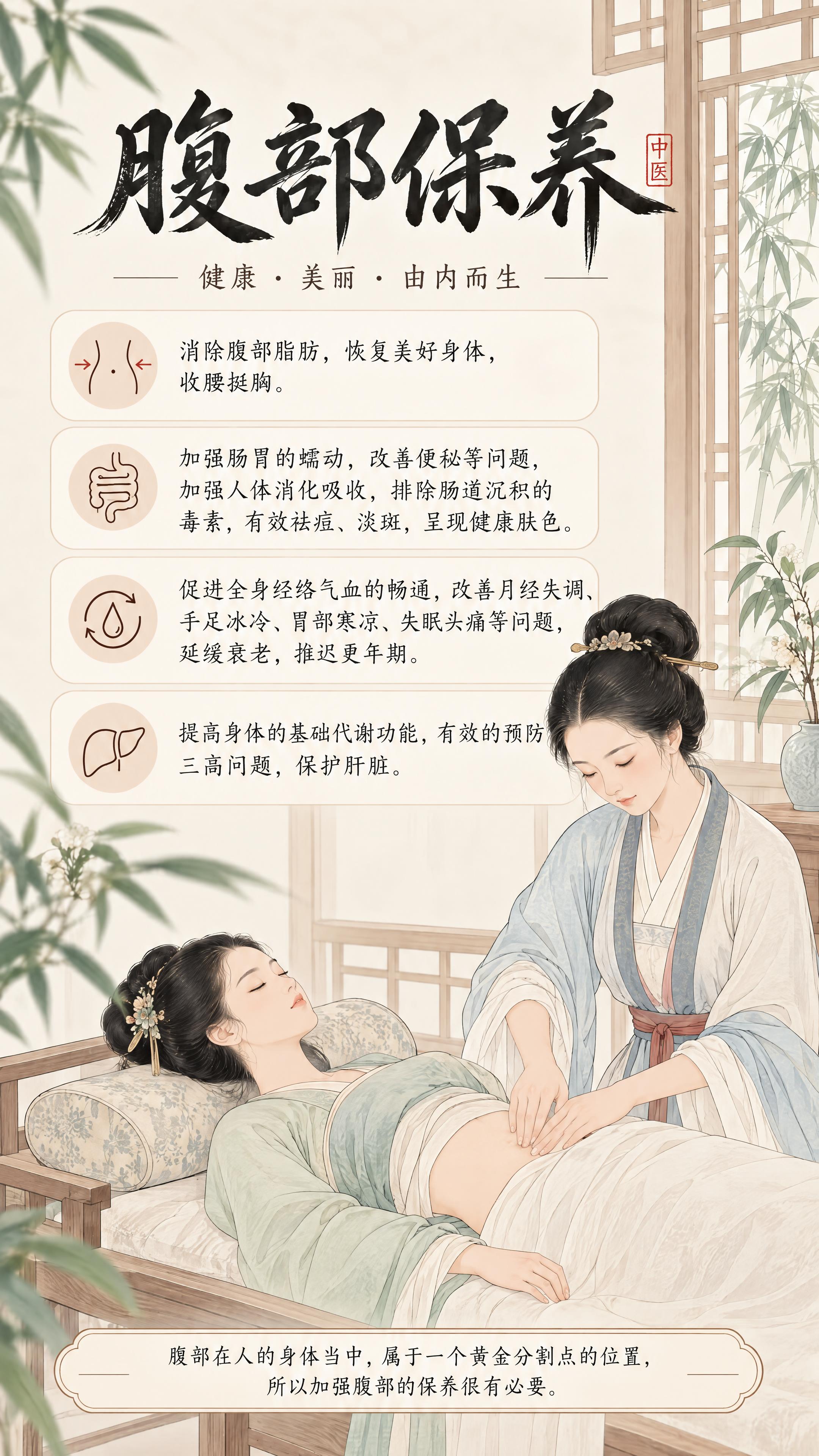 图一的腹部保养海报，风格参考图二的清爽风格和图三的人物画风。将… - 图片创意预览